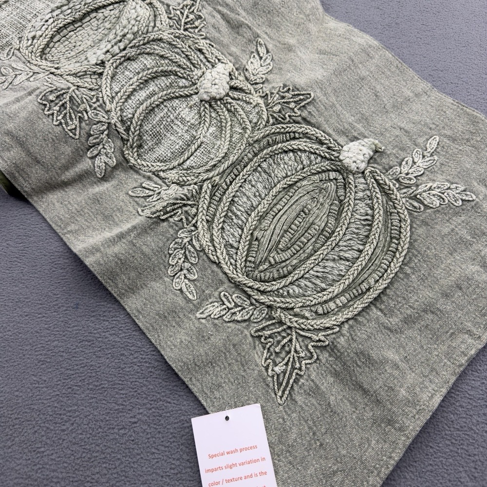 Rachel Ashwell The Farmhouse Embroidered Table Runner Pumpkins Green 14x44 New